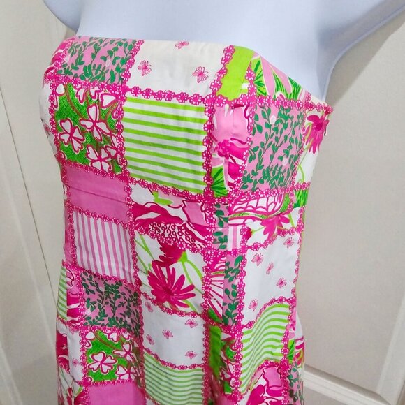 Lilly Pulitzer ✦ Strapless Patchwork Dress ✦ Pink Green Floral Stripe Cotton 2 - Picture 4 of 14